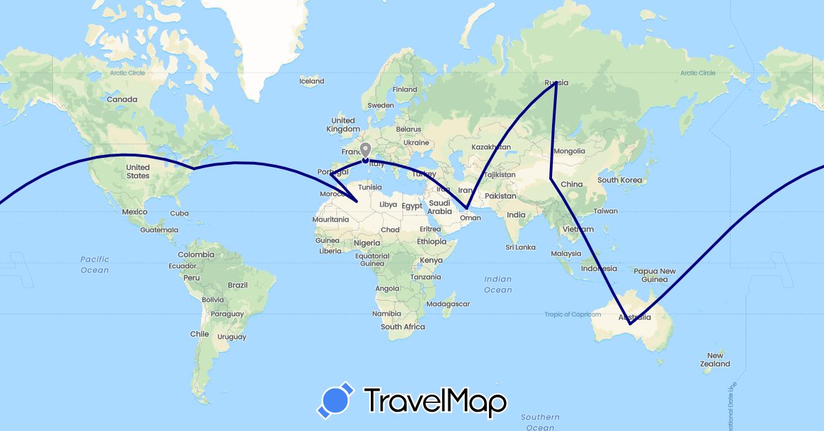 TravelMap itinerary: driving, plane in United Arab Emirates, Australia, China, Algeria, France, Portugal, Russia, Turkey, United States (Africa, Asia, Europe, North America, Oceania)
